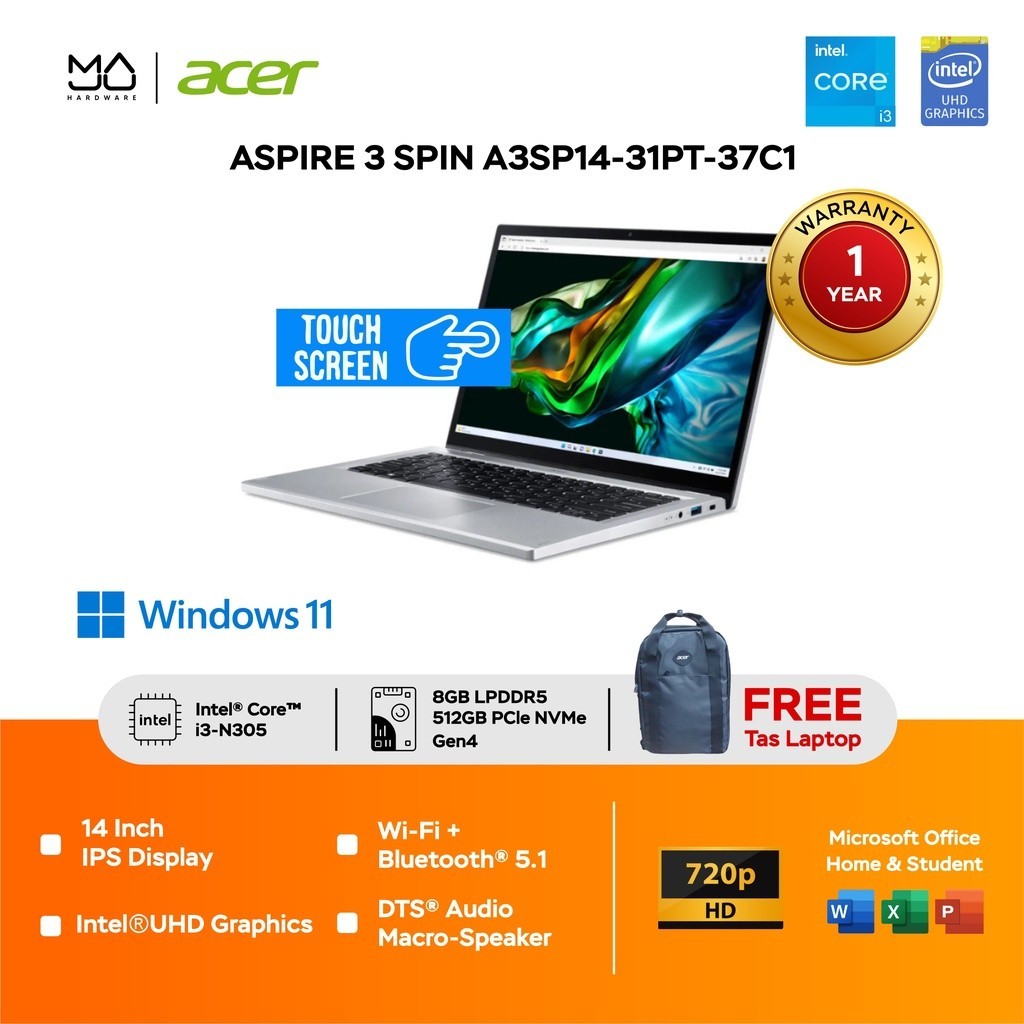 Laptop Acer Aspire 3 Spin A3SP14-31PT-37C1 Touch 2in1 - Steel Grey 8/512