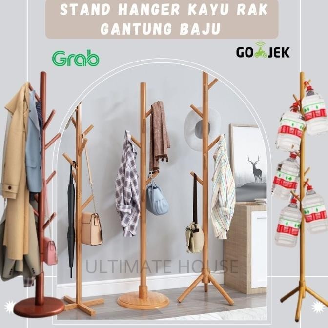Stand Hanger Kayu Rak Gantung Baju Tas Topi Tiang Gantungan Berdiri