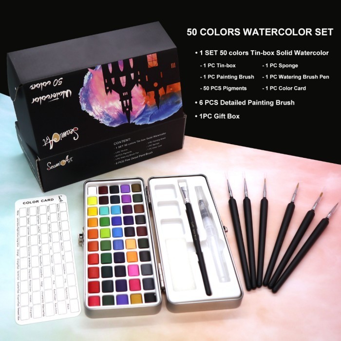 

MIC-272 SEAMIART 50COLOR SOLID WATERCOLOR PAINT GIFT SET WITH 6PCS K01