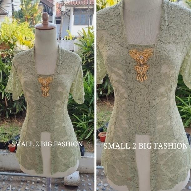 kebaya pendek brukat brokat hijau sage kutubaru kutu baru stretch