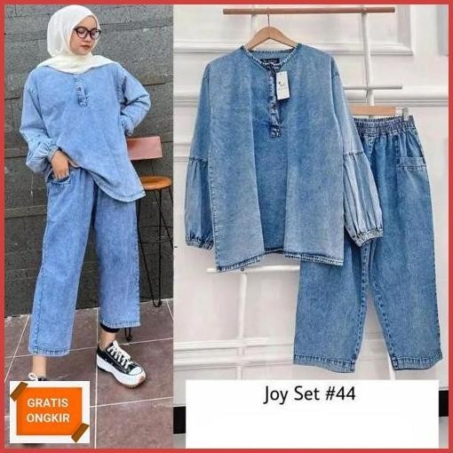 Serba Murah Emweha Setelan Wanita Jeans Wash Premium One Set Tunik Denim Full Kancing Busui Jammie T