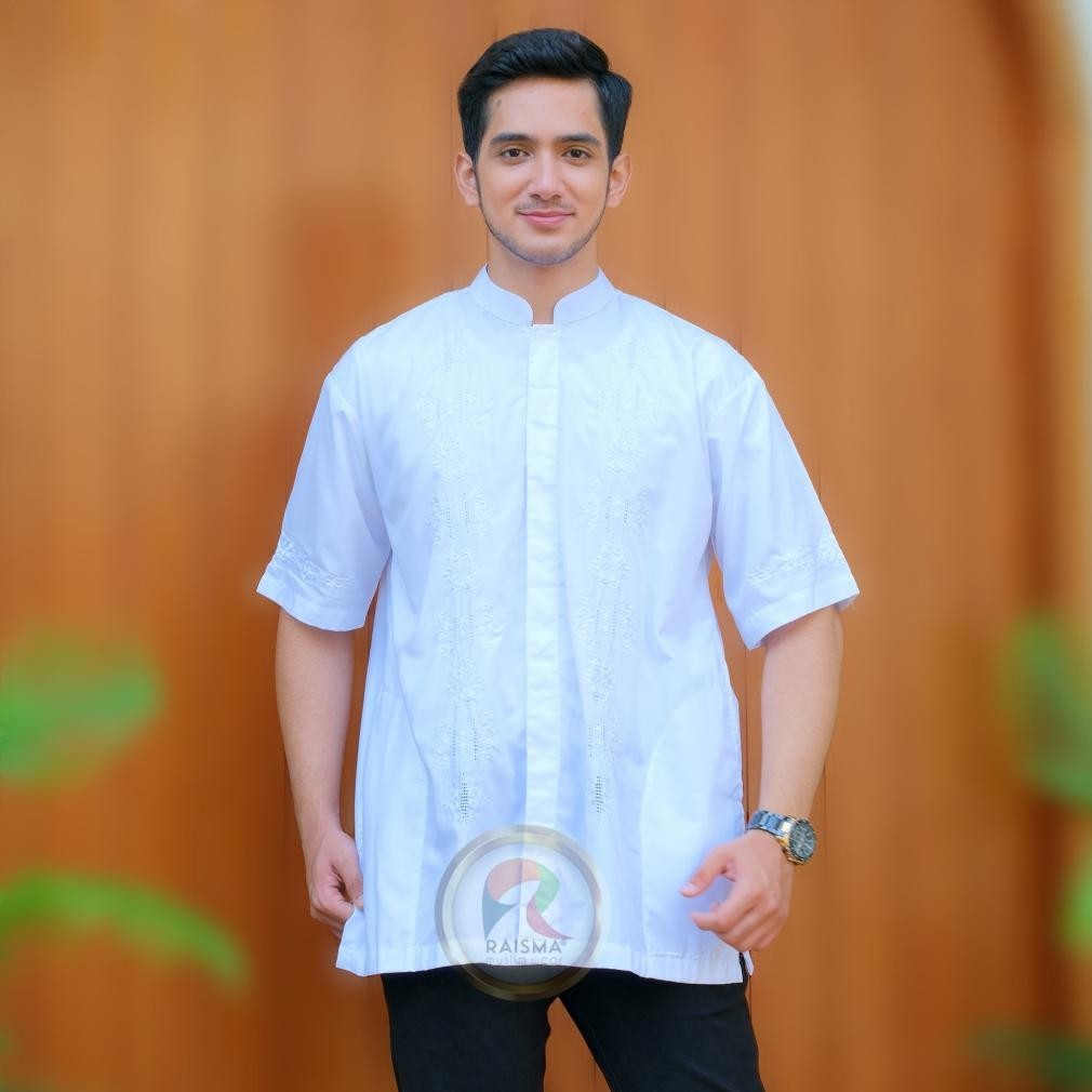 Baju Koko Pria Dewasa Lengan Pendek Putih Aplikasi Bordir Kerancang Khas Minang