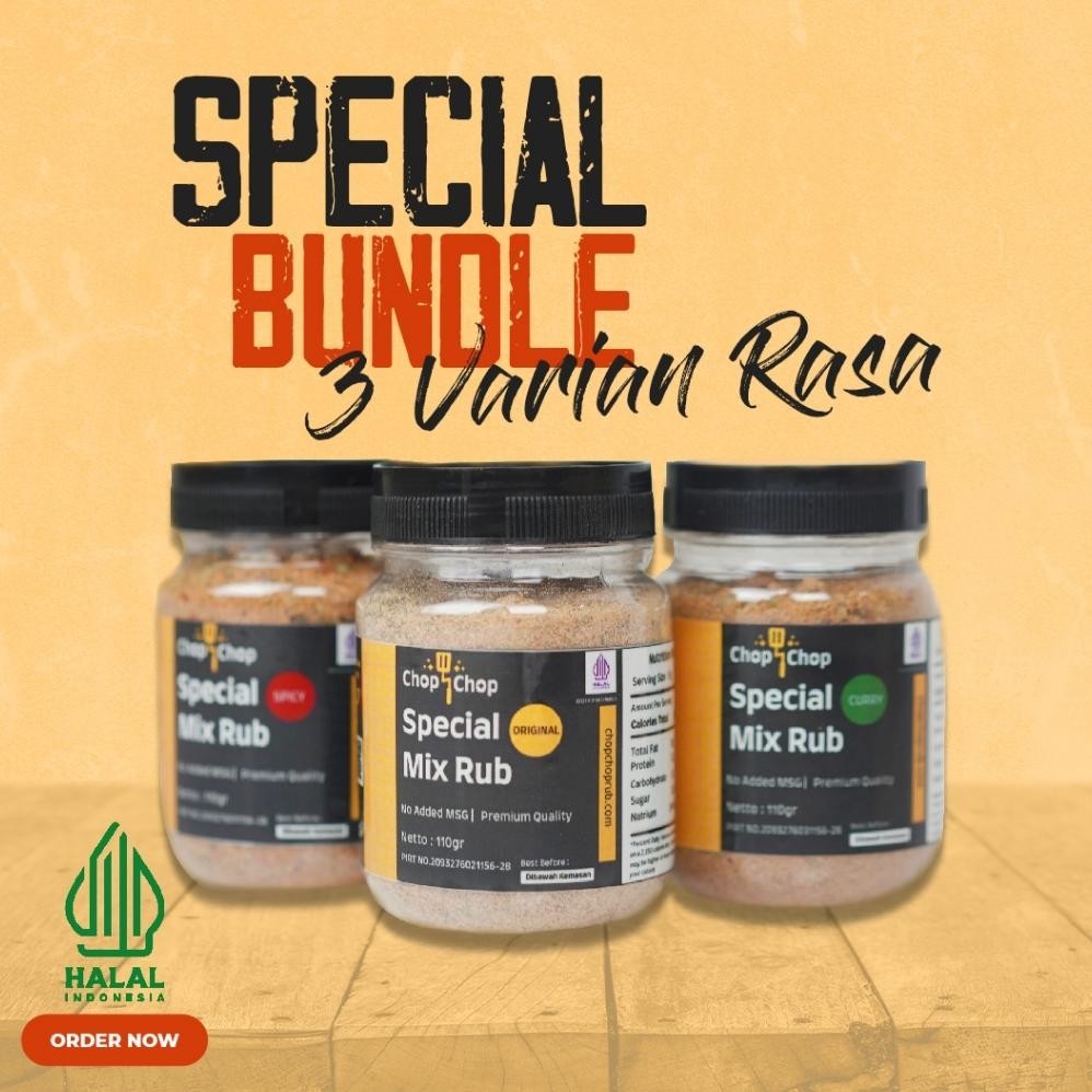 

jy-6 Paket Bundle Chopchop Rub Kombinasi dengan 3 Varian - Ori, Curry, Spicy Bumbu Marinasi Rendah Kalori Original