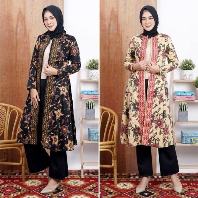 Cardigan batik panjang wanita modern / outer batik panjang ungu kantor