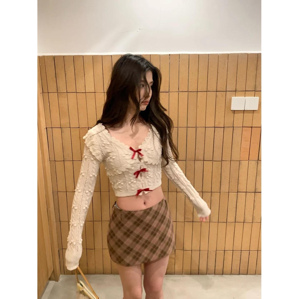 [Cream Winnie]Sweater rajutan desain atasan pendek kerah V kardigan pita