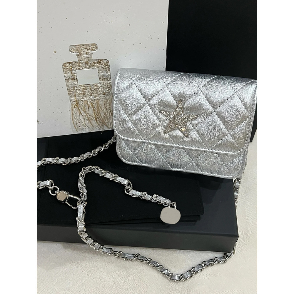 Tas kotak kecil bintang berlian perak rantai tas kartu mini tas pinggang tas kecil dekoratif trendi