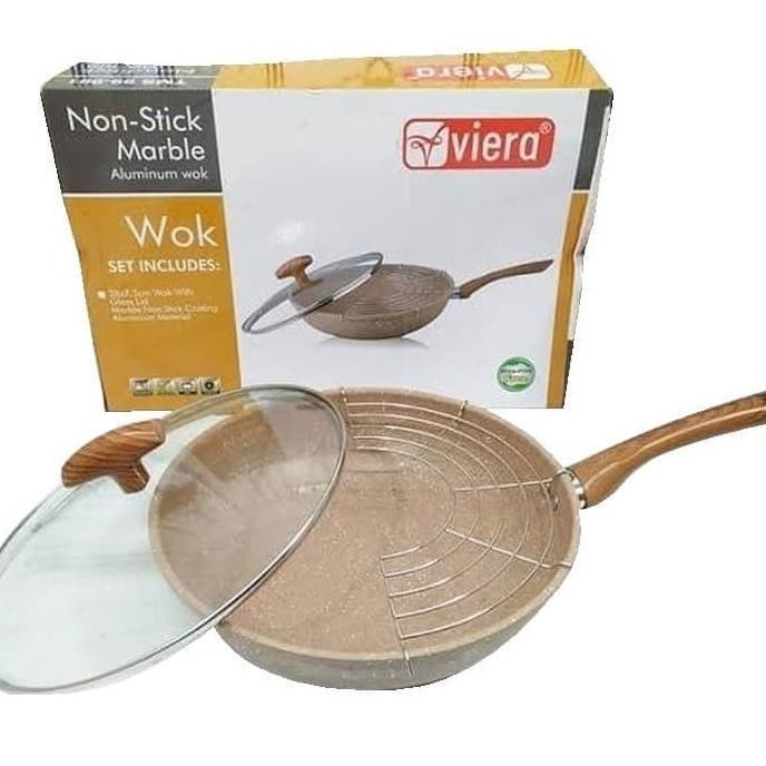 Wajan Wok Pan Anti Lengket Marble Aluminium Wok VIERA 28 cm Tutup Kaca