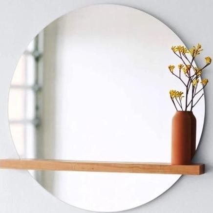 Cermin Bulat Tatakan Kayu Aesthetic Tempel Dinding Cermin Wastafel HT
