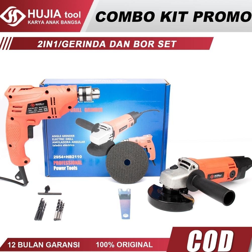 {BARU} HUJIA Mesin Gerinda Tangan dan Mesin Bor Listrik 10mm Set Gerinda dan Bor Paket Murah Bor Ger