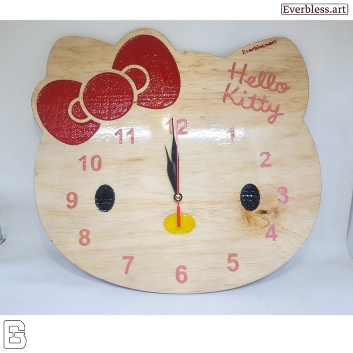 :::::::] Jam dinding Souvenir kayu grafir hello kitty warna hiasan dinding unik