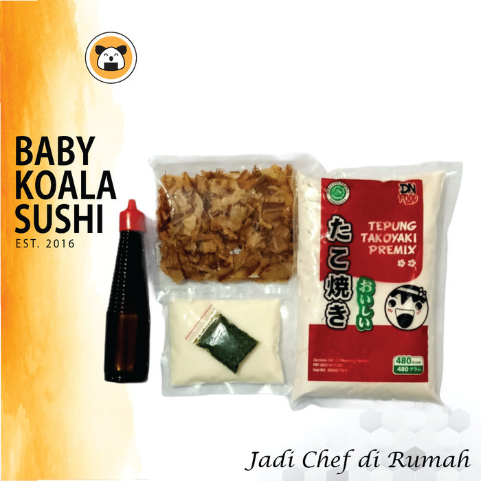 

Paket Takoyaki Komplit Tepung Prex, Katsuobushi, Saus Tako, Aon