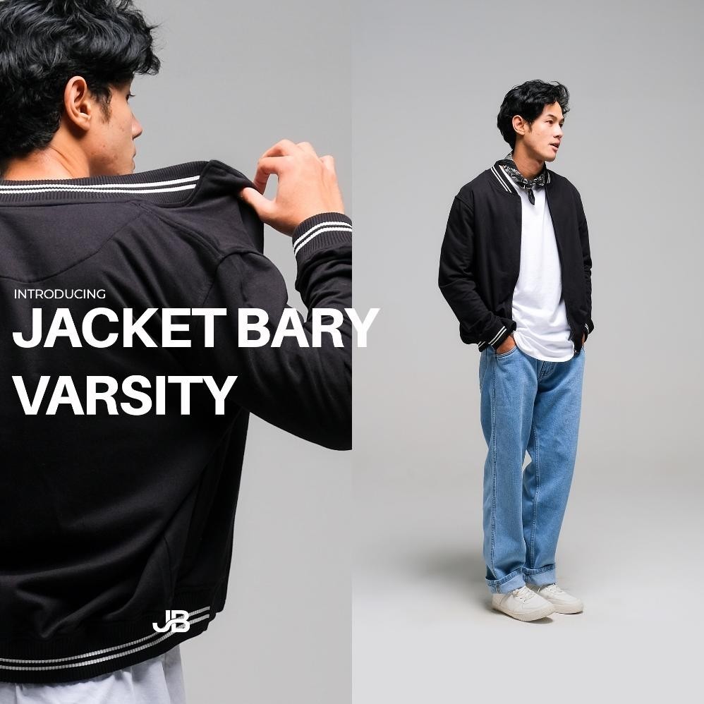 Jaket Pria Distro Keren Bary Varsity Black Kasual