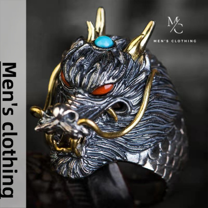 Old dragon head ring men and women personalized index finger ring retro open couple silver