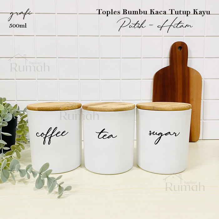 TOPLES BUMBU 500ML BAHAN KACA TUTUP KAYU TEMPAT KOPI TEH GULA GRAFI PUTIH-HITAM