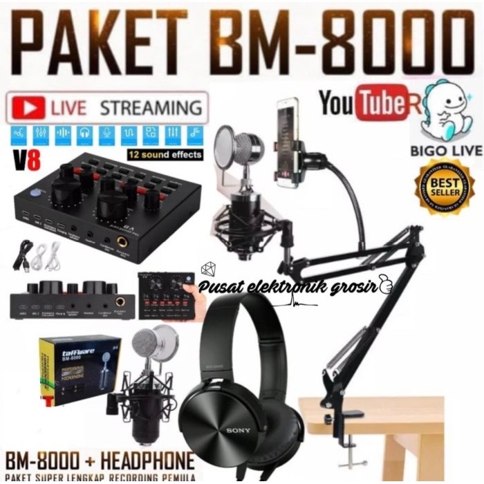 

paket mic bm 8000 youtube bigolive soundd V8 headphone standmic