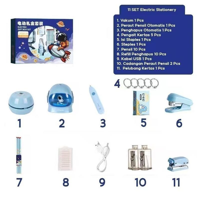 

gjk-25 GAGALU Electric Stationery Set / Set Alat Tulis /Elektrik Rautan Penghapus Vacuum Pensil 11 In 1 /Anak Alat Perkakas Belajar Anak Perempuan Kado Murah