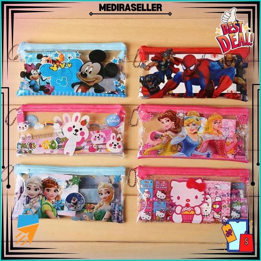 

Set Alat Tulis Karakter Tas Pouch 7In1 / Paket Lengkap Pensil Penghapus Rautan Penggaris Buku Gambar Kartun / Mini Stationery Character 7 Pcs Atk Peralatan Menulis Anak Sekolah Hadiah Kado Ulang Tahun Souvenir Goody Bag Unik Frozen Spiderman Unicorn Cars