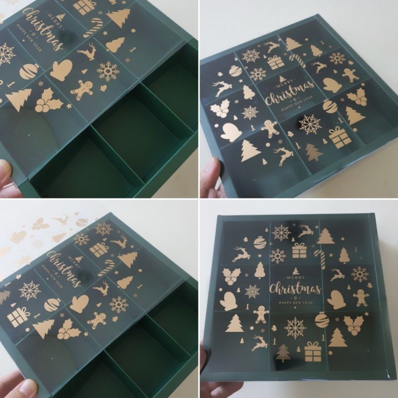 

5 pcs dus box eggtart mika motif natal hijau sekat 9 size 7.3 cm