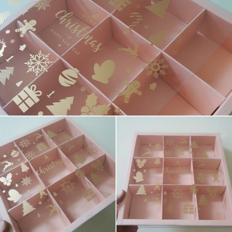 

5 pcs dus box eggtart mika motif natal pink sekat 9 size 7.3 cm