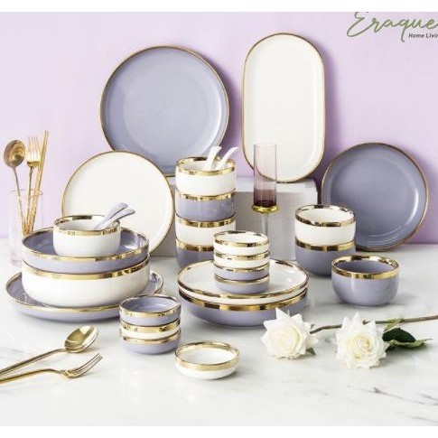 [Ready Stock] Lilac Gold Dining Set 18 Pcs / Set Piring Keramik Alat Makan 4 Orang
