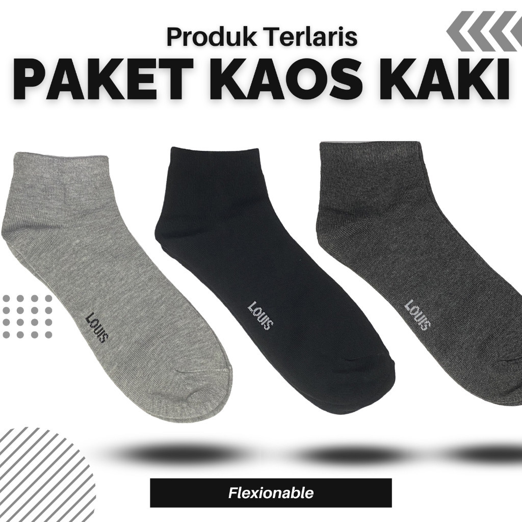 Paket 3 Pasang Kaos Kaki Pendek LOUIS Big Size Premium Mata Kaki Polos Tebal Anti Bau Jumbo Pria Wan