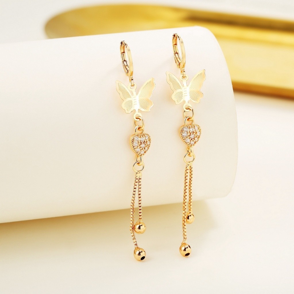 Y392 [COD] Anting Korea Wanita Panjang Anting Cantik Kupu Kupu Zircon Lapis Emas Anting Panjang Perh