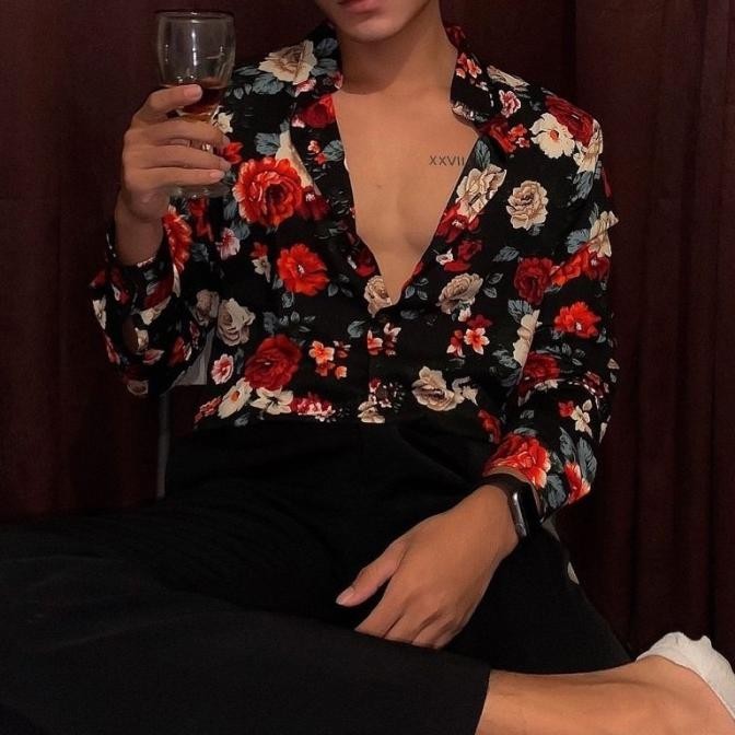 Baju Kemeja Pantai Floral Etnik Bunga Daun Panjang Rayon Pria Retro