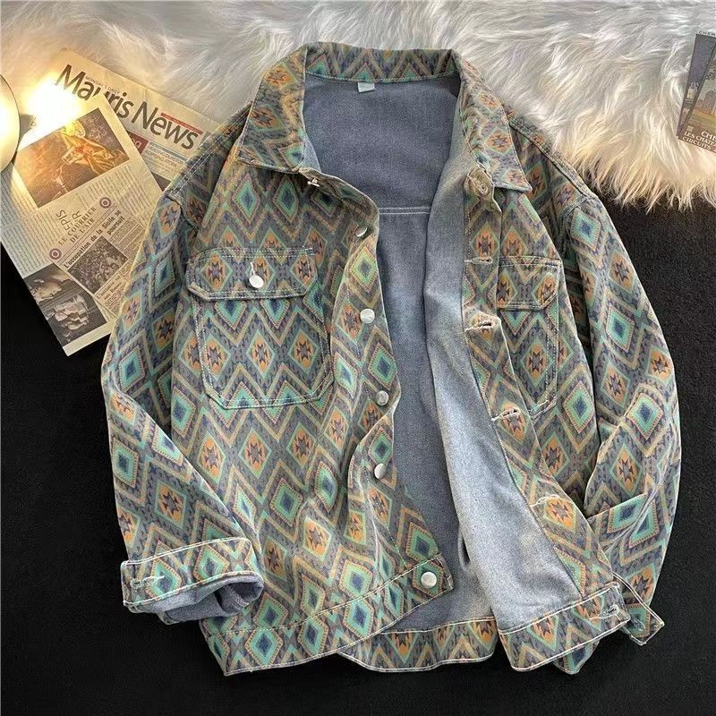 Men's Spring and Autumn Printed Casual Denim Jacket Coat