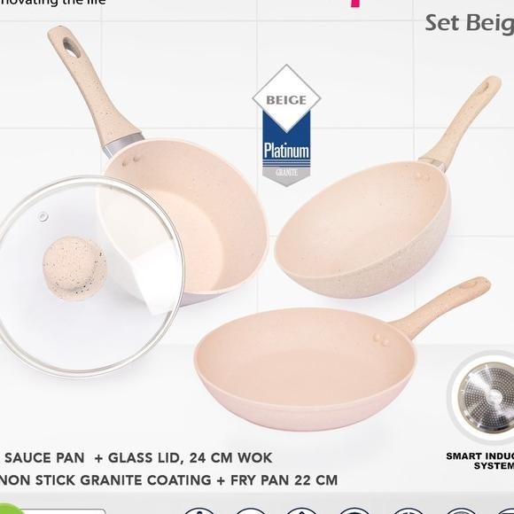 Bolde Pan Set 3+1 Pcs Beige Panci Granit Kerak Granite Cerac Teflon Wajan Pan Wok Ggorengan Kuali Pa