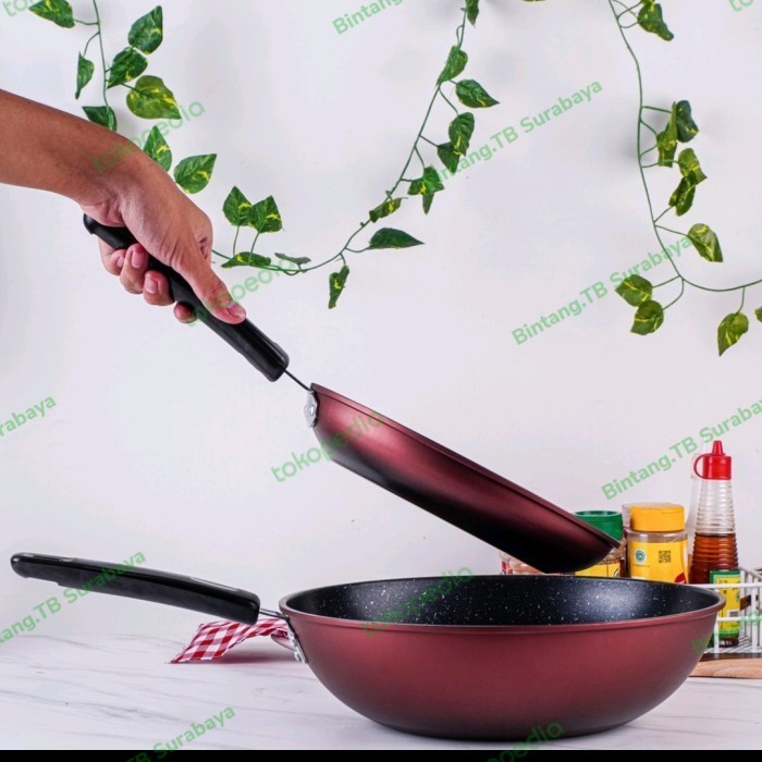 Panci Wajan Set Wok Pan Marble Cook Frying Pan Hard Coat Anti Lengket