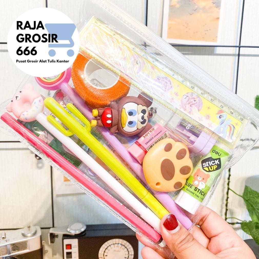 

Pouch Set Alat Tulis Sticker Pensil Gantungan Kunci Pulpen Pena Pensil Penggaris Sekolah Sticky Notes Penjepit Sticker Cutter Mini Finger Protector (Murmer)