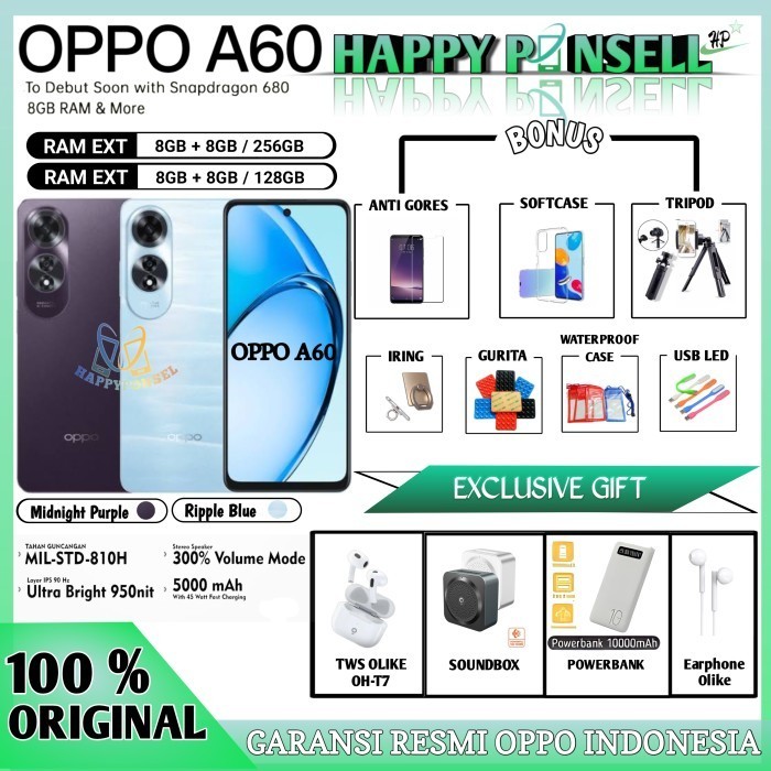 OPPO A60 RAM 8/256 GB OPPO A 60 RAM 8/128 GB GARANSI RESMI OPPO INDONESIA