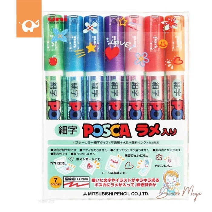 

Sarila Uni Posca Pc-3Ml Glitter Paint Marker Color Set Isi 7 / Spidol Glitter