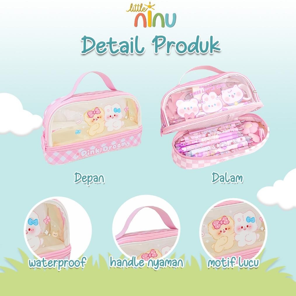 

m-4 LITTLE NINU Pencil Case Kotak Tempat Pensil Korean Style Transparan Berkualitas
