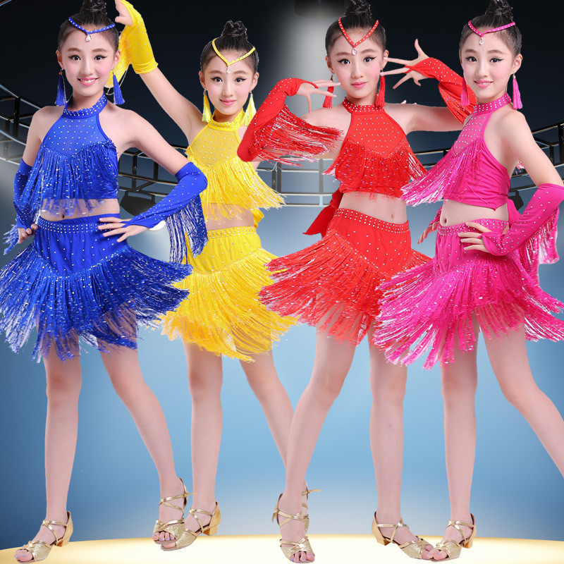 New Children's Latin Dance Clothes Girls Sequins Tassel Latin Dance Dress Children's Latin Dance Clo