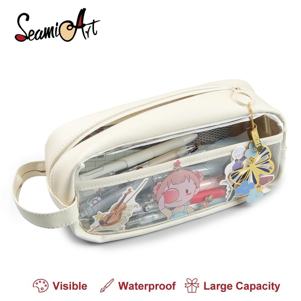 

SeamiArt PU Transparent Big Capacity Zipper Pen Case Tas pensil Kantong pen Cosmetic Bag Cream Color Multifunctional Bag