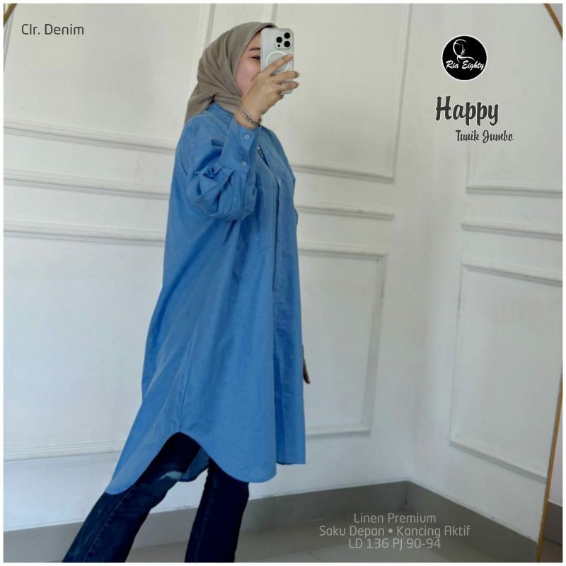 Biru denim Happy Kemeja Katun Linen Jumbo Ld 136 OVERSIZE fit XXXXL