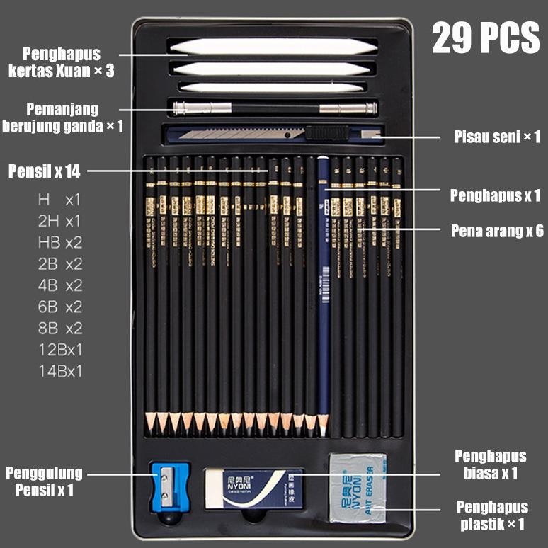 

Terbaru Nyoni Drawing Pencil Gambar Set 29Pcs Metal Tin Box Pensil Gambar Lukis Sketsa Lengkap Paket Cod