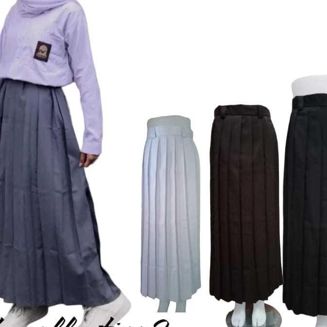 Rok Sekolah Sma/Smk Rempel Panjang Non Karet Rok Seragam Sma/Smk Lipit Rok Abu-Abu,Hitam, Cokelat, P