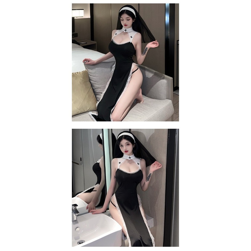 MURAH Blue Candy Sexy Lingerie Long Dress Cosplay The Nun Halloween Veil