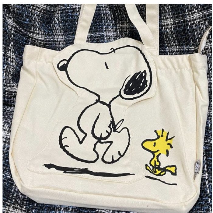 Tas Snoopy Ori Beige Tote Bag Bahan Canvas