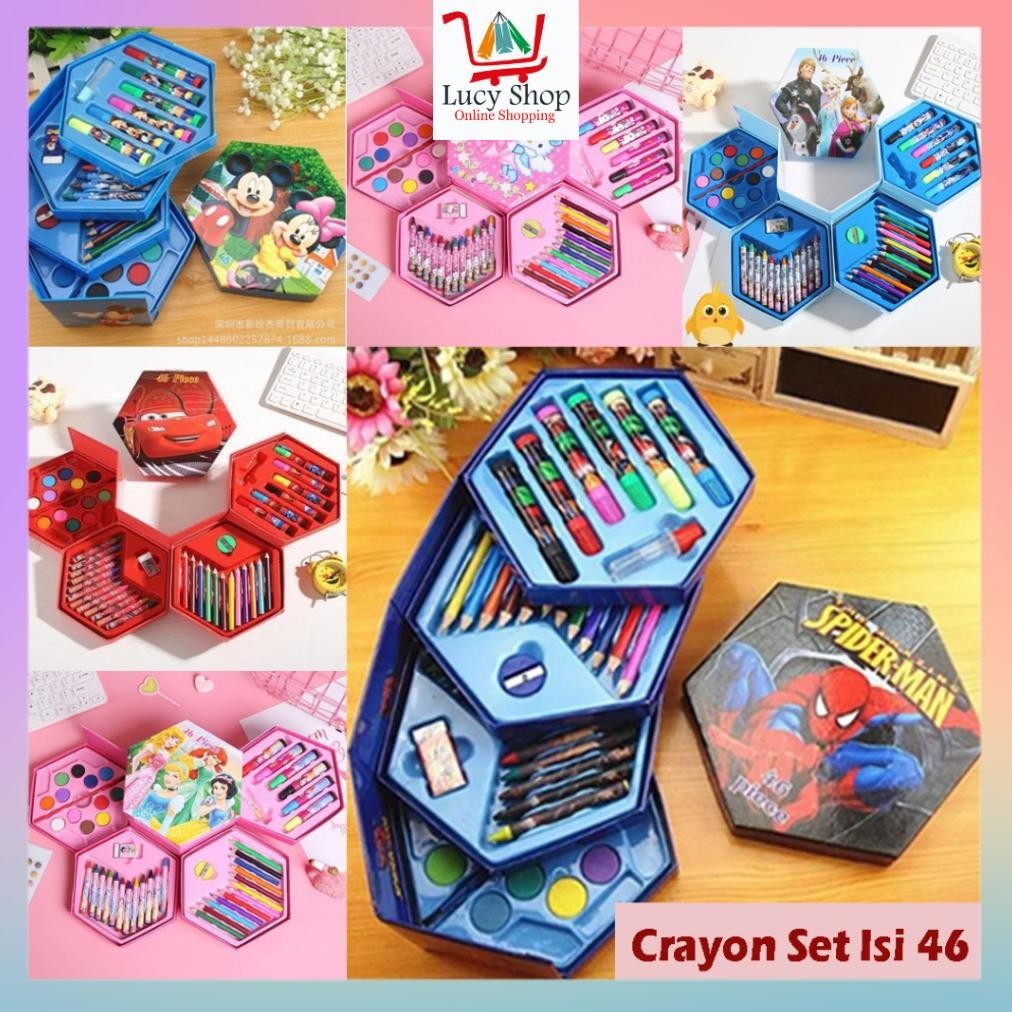 

io-98 Crayon Set Isi 46 Pensil Warna Spidol Cat Air Alat Lukis Mewarnai Kartun Anak Premium