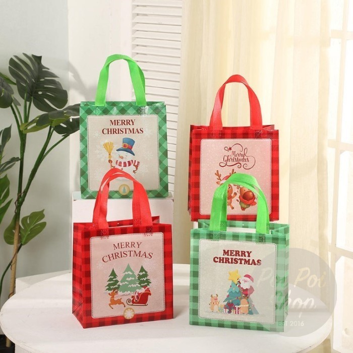 

+++++] Tas Kantong Natal Christmas Checker Bahan PVC Tas Goodie Bag Grosir