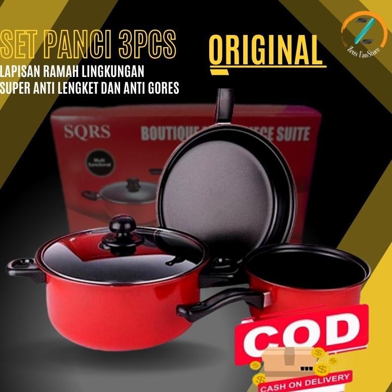 (PROMO) Panci Wajan Set Isi 3 Pcs SQRS Panci Teplon Presto Wajan Anti Lengket 1 Set Bahan Teflon CP0
