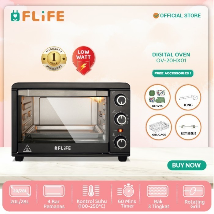 Oven Listrik FLife - OV-20HX01 - Kapasitas 20 Liter - 4 Elemen Pemanas