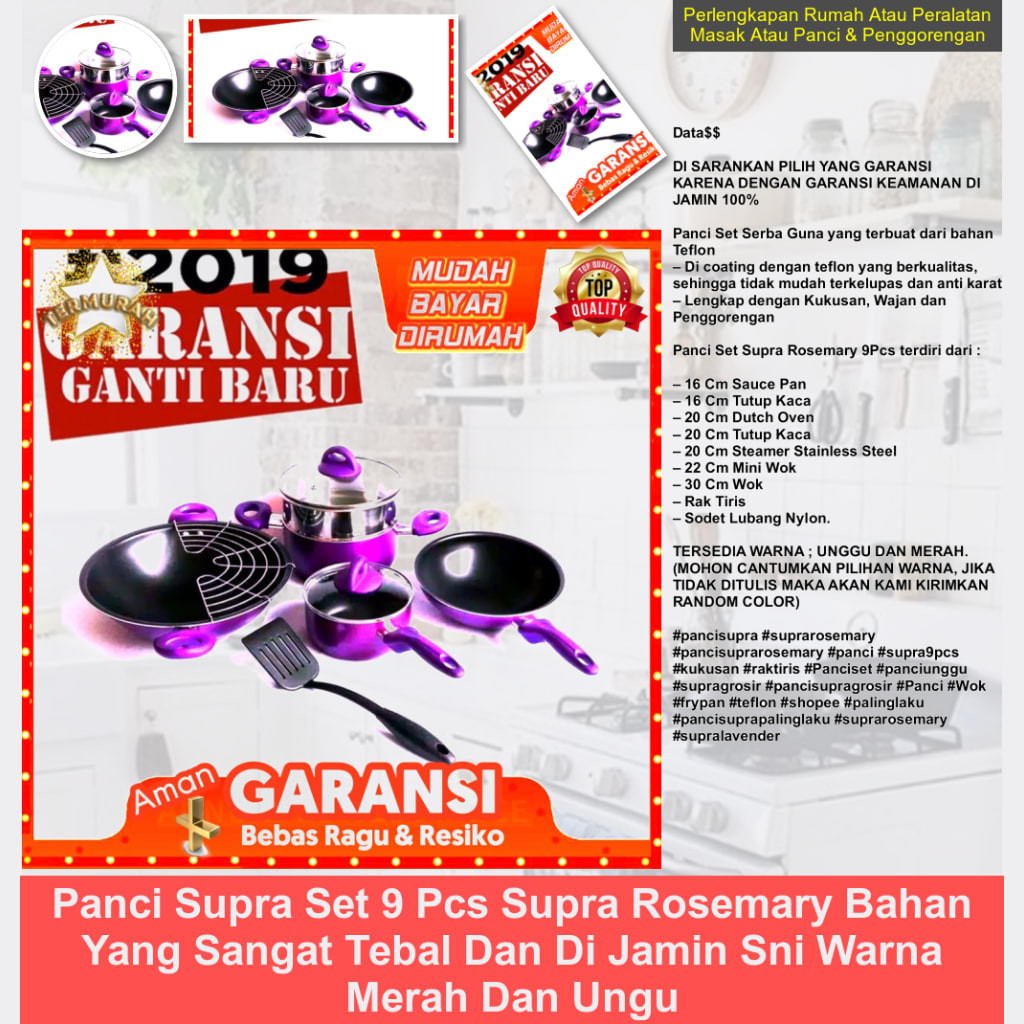 panci supra set 9 pcs supra rosemary bahan yang sangat tebal dan di jamin SNI warna merah dan ungu