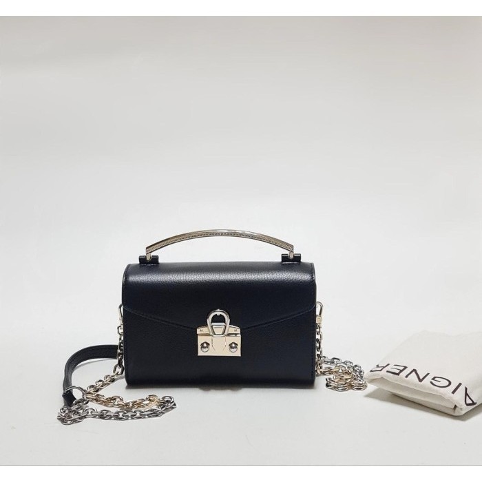 TAS WANITA AIGNER MINA SMALL TOP HANDLE BLACK MIX LEATHER CHAIN ORIGINAL