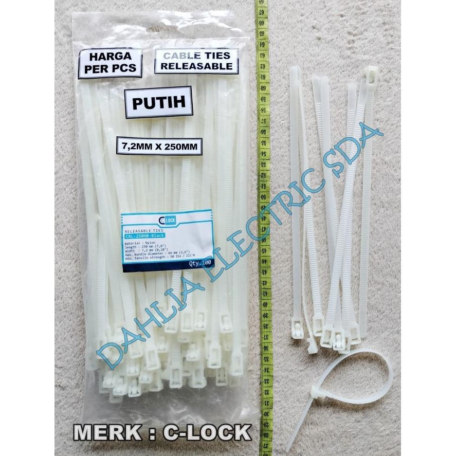 

:<:<:<:<] CABLE Ties RELEASABLE 7,2MM X 250MM C-LOCK PUTIH PER PCS