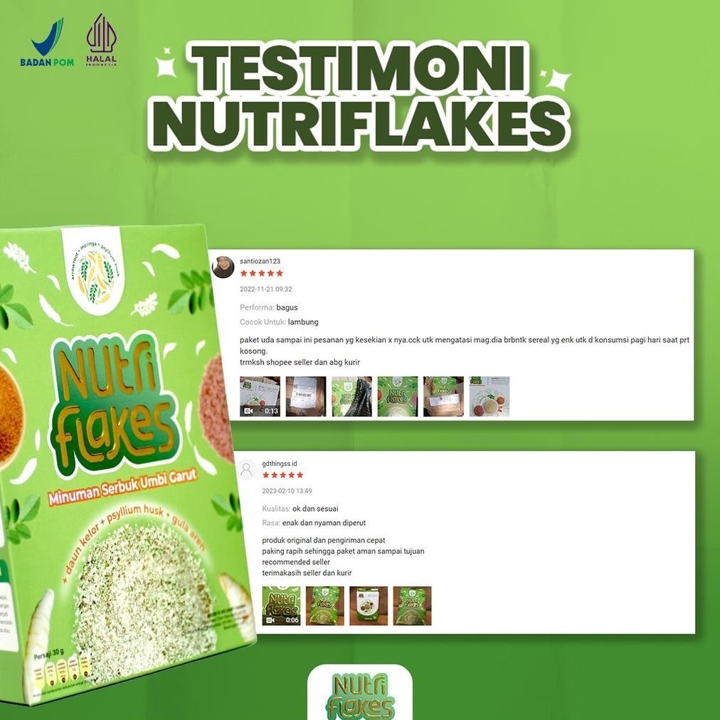 

fs-6 Nutriflakes - Original Minuman Umbi Garut Ekstrak Daun Kelor Bantu Atasi Asam Lambung Maag Kronis Mual Muntah Kontrol Kolestrol Kolesterol Suplemen Makanan Diet Tingkatkan Antibody Lancarkan Pencernaan Isi 280gr Viral