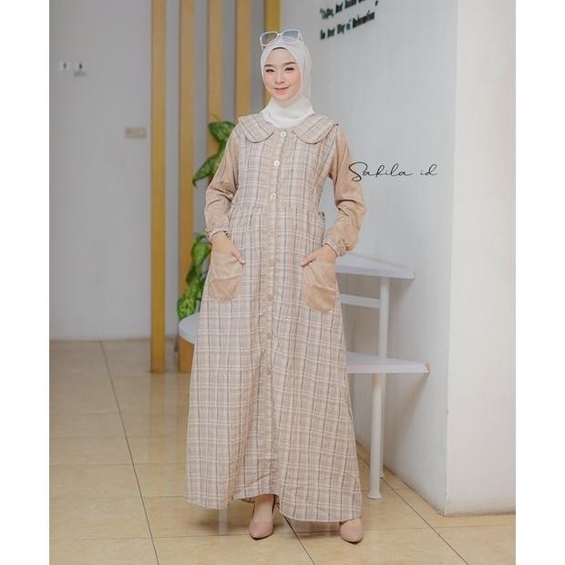 Gamis Wanita Remaja Kekinian Maxi Dress Hara Motif Kotak Y Kotak Kotak